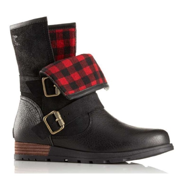 Sorel Shoes - Sorel Major Moto Boot Black Leather Buffalo Plaid Lining Buckle Detail Size 7.5
